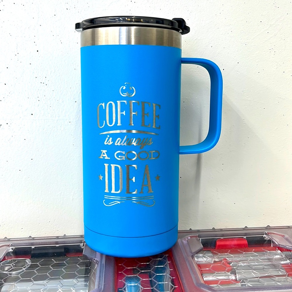 Brand new engraved 16oz travel mug blue